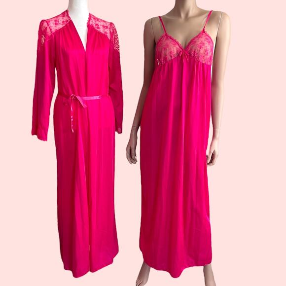 Vintage Paramount Set Nightgown Robe Peignoir Hot Pink